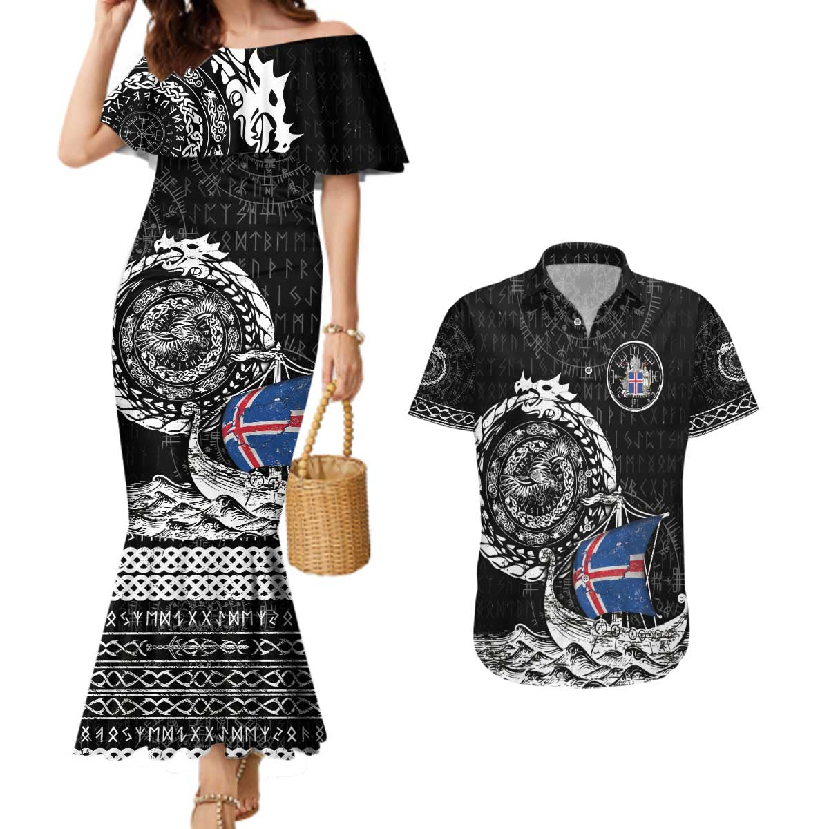 Personalized Viking Iceland Couples Matching Mermaid Dress and Hawaiian Shirt Icelander Viking Ship
