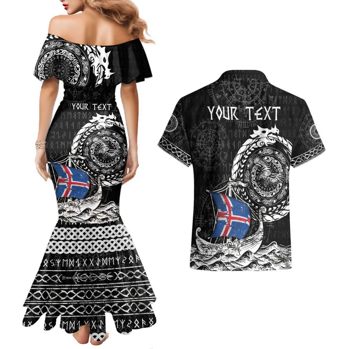 Personalized Viking Iceland Couples Matching Mermaid Dress and Hawaiian Shirt Icelander Viking Ship