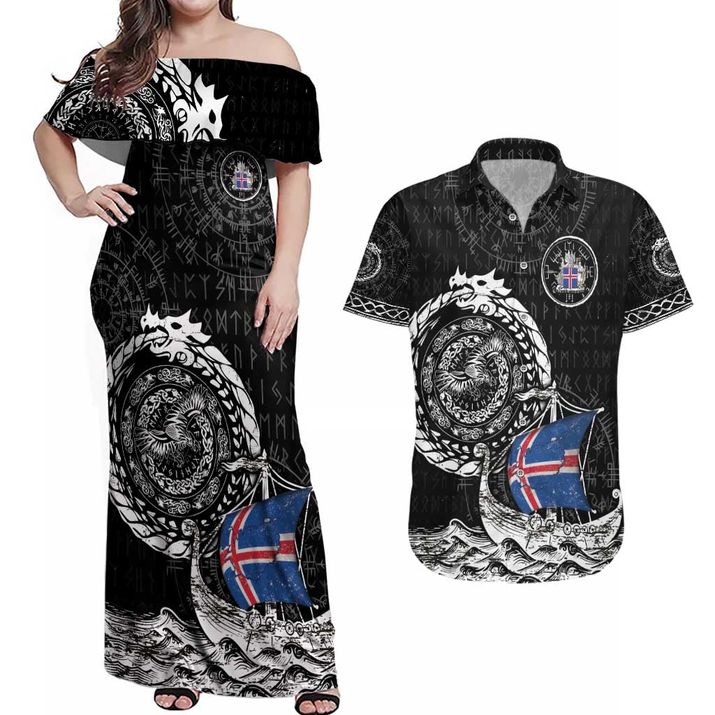 Personalized Viking Iceland Couples Matching Off Shoulder Maxi Dress and Hawaiian Shirt Icelander Viking Ship