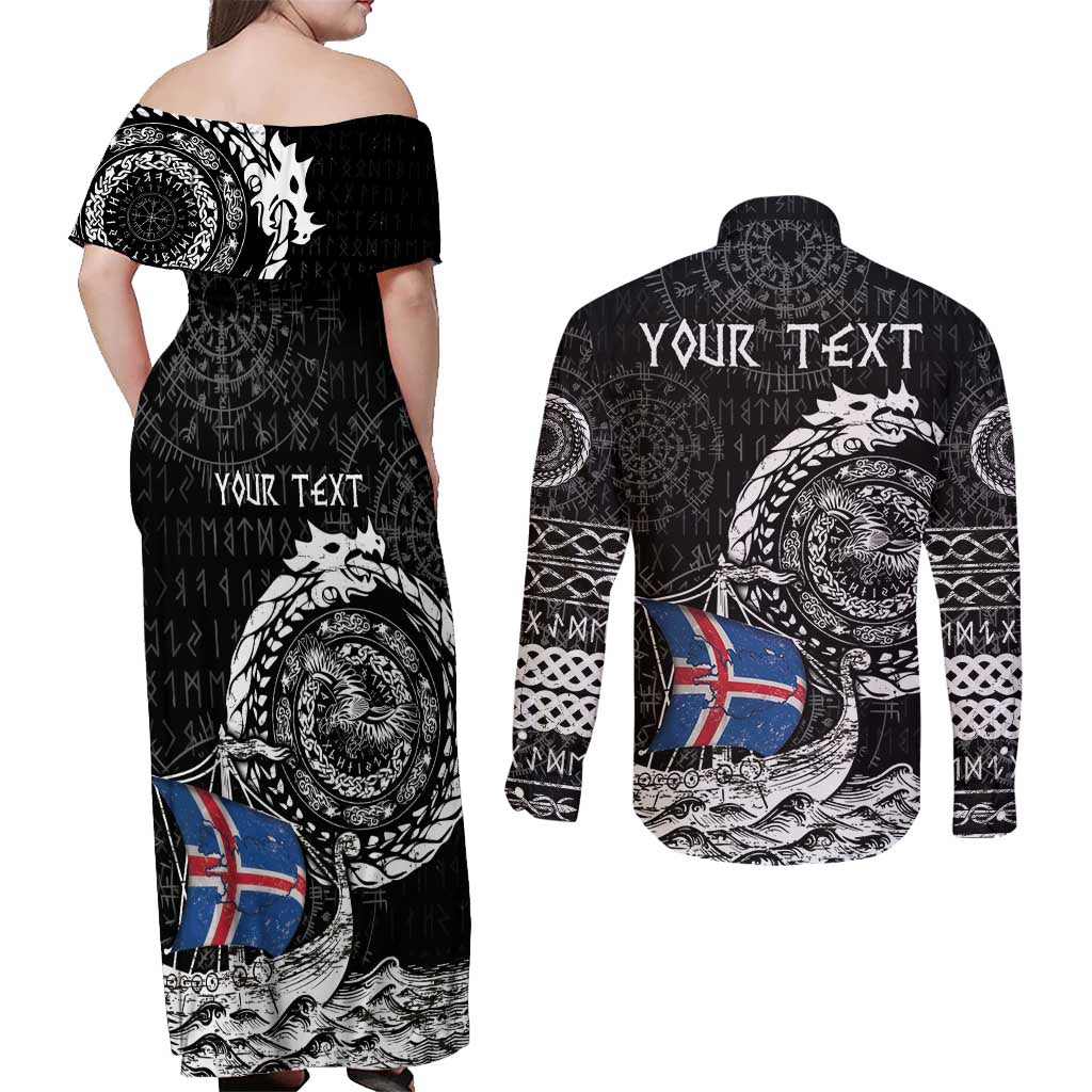 Personalized Viking Iceland Couples Matching Off Shoulder Maxi Dress and Long Sleeve Button Shirt Icelander Viking Ship