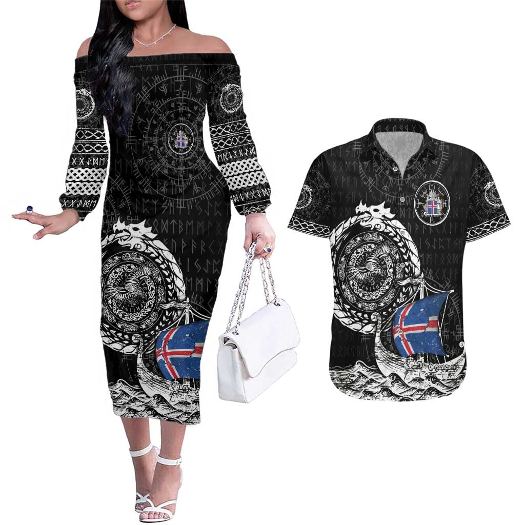 Personalized Viking Iceland Couples Matching Off The Shoulder Long Sleeve Dress and Hawaiian Shirt Icelander Viking Ship