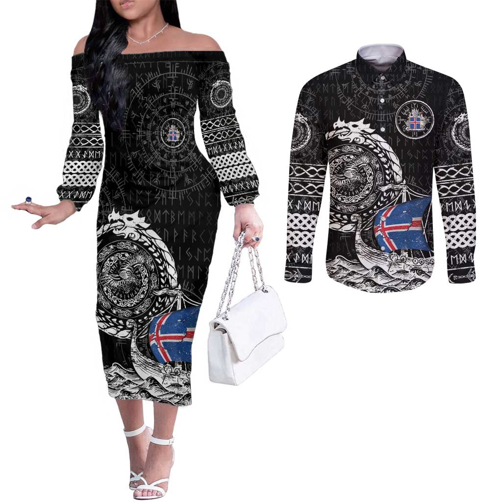 Personalized Viking Iceland Couples Matching Off The Shoulder Long Sleeve Dress and Long Sleeve Button Shirt Icelander Viking Ship
