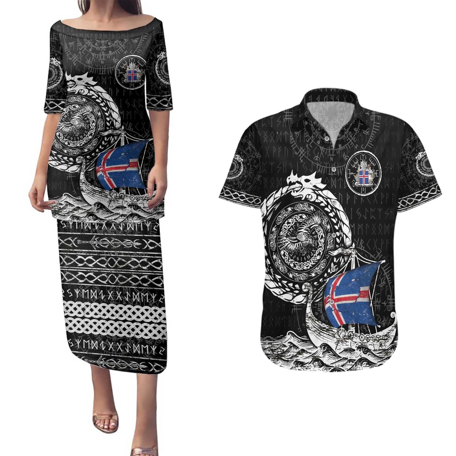 Personalized Viking Iceland Couples Matching Puletasi and Hawaiian Shirt Icelander Viking Ship