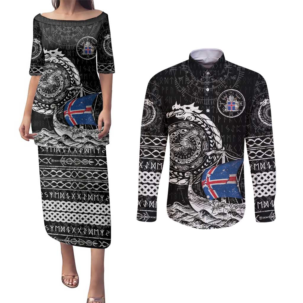 Personalized Viking Iceland Couples Matching Puletasi and Long Sleeve Button Shirt Icelander Viking Ship