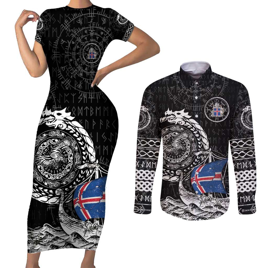 Personalized Viking Iceland Couples Matching Short Sleeve Bodycon Dress and Long Sleeve Button Shirt Icelander Viking Ship