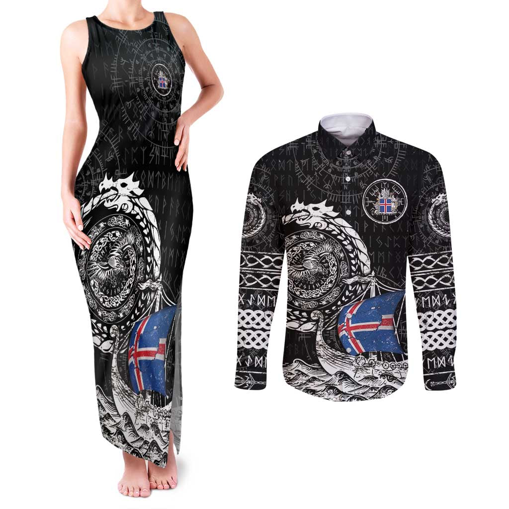 Personalized Viking Iceland Couples Matching Tank Maxi Dress and Long Sleeve Button Shirt Icelander Viking Ship