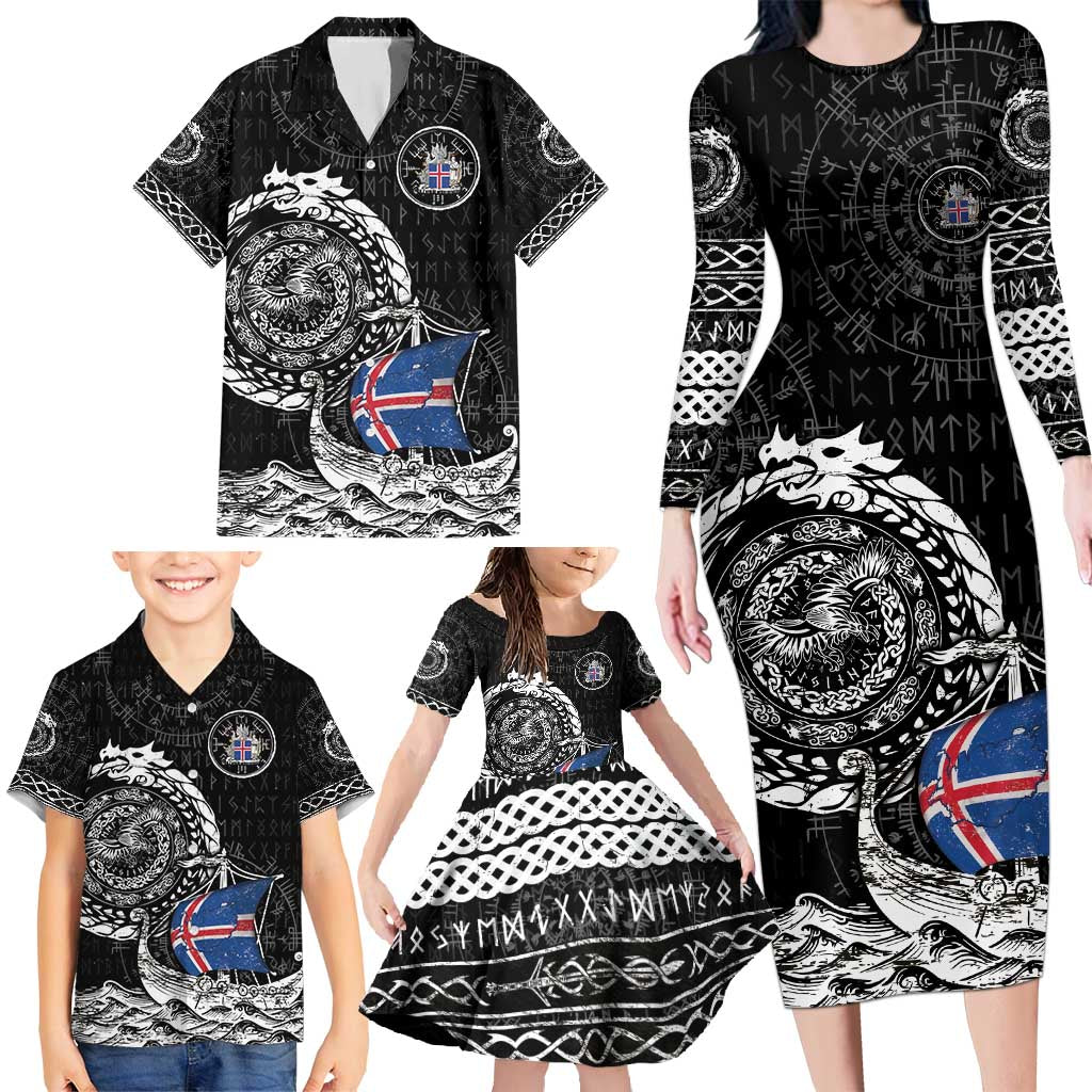 Personalized Viking Iceland Family Matching Long Sleeve Bodycon Dress and Hawaiian Shirt Icelander Viking Ship