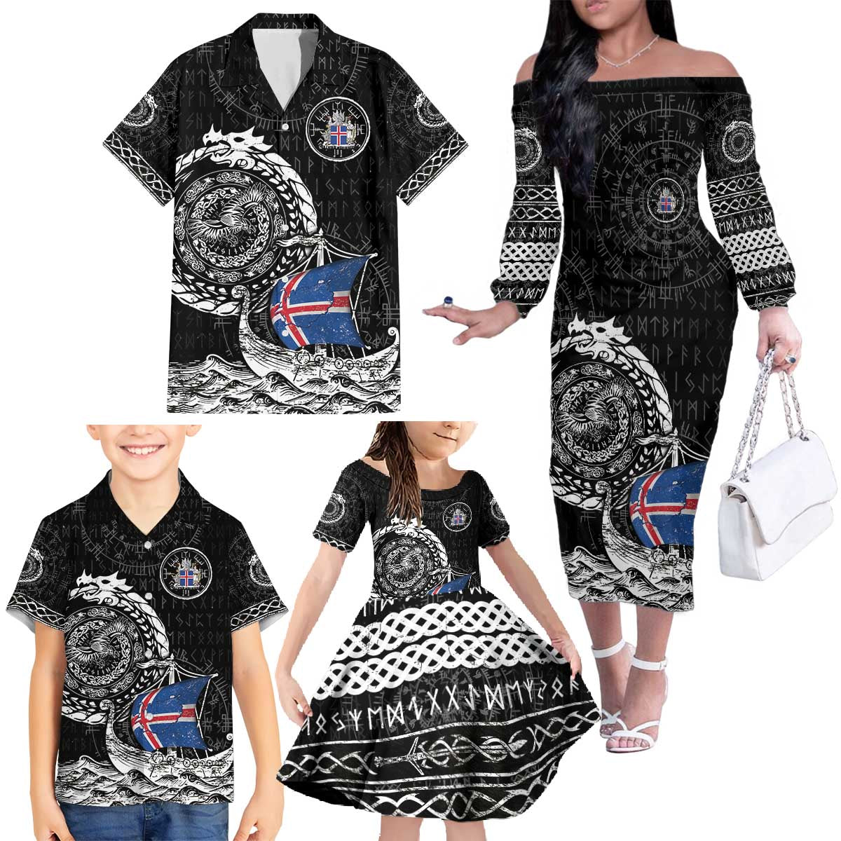 Personalized Viking Iceland Family Matching Off The Shoulder Long Sleeve Dress and Hawaiian Shirt Icelander Viking Ship