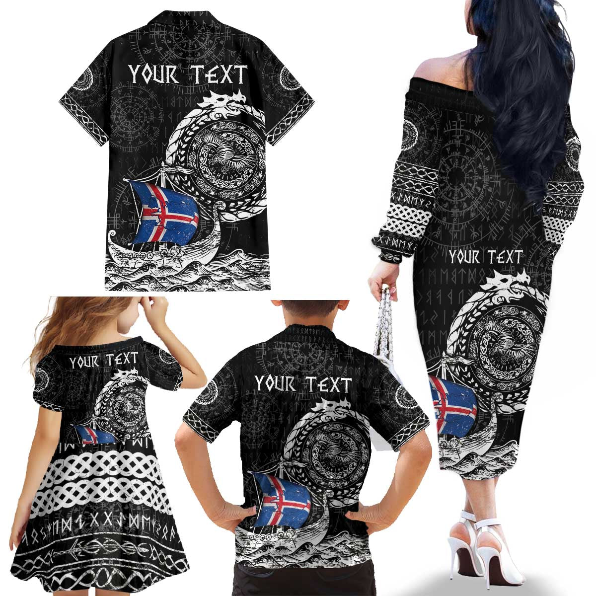 Personalized Viking Iceland Family Matching Off The Shoulder Long Sleeve Dress and Hawaiian Shirt Icelander Viking Ship