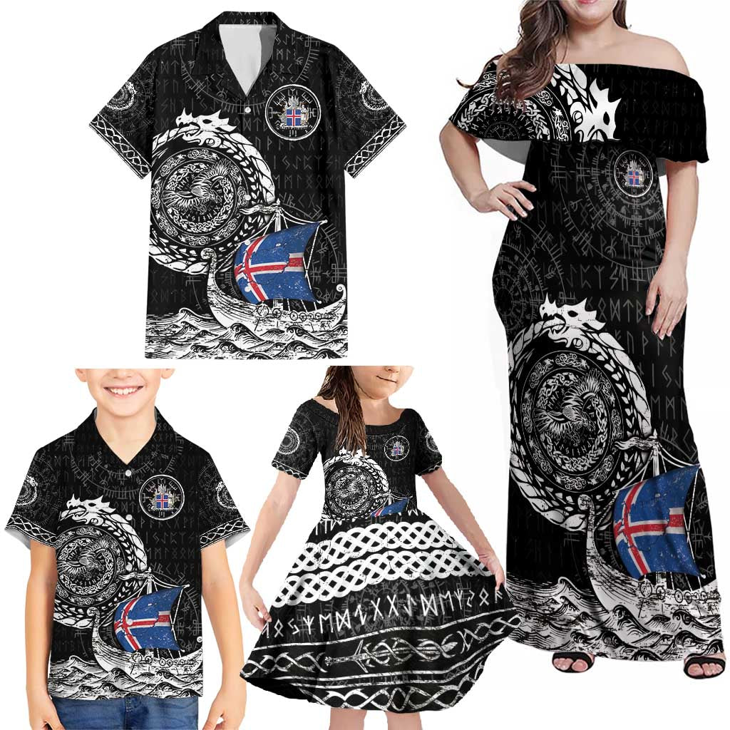 Personalized Viking Iceland Family Matching Off Shoulder Maxi Dress and Hawaiian Shirt Icelander Viking Ship