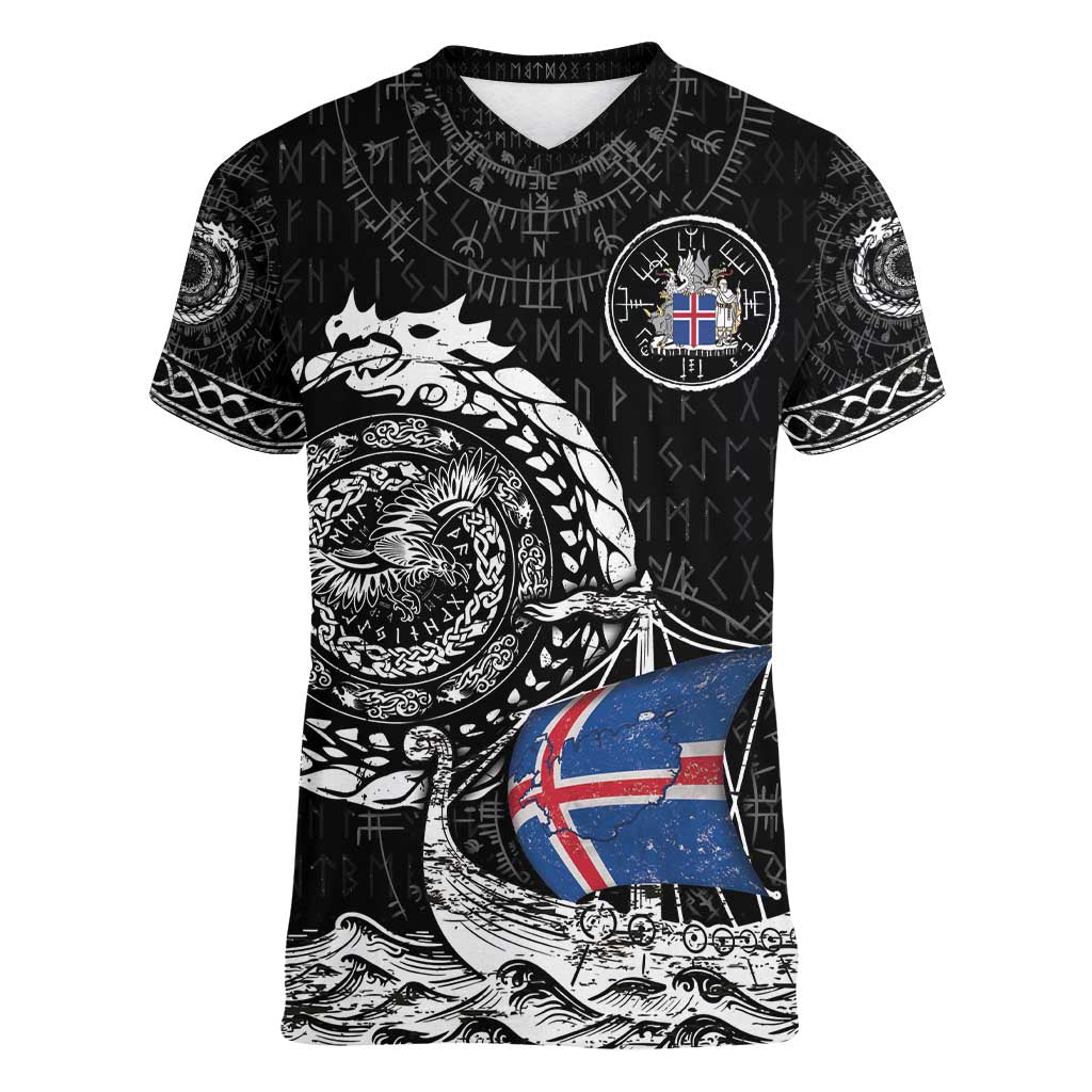 Personalized Viking Iceland Women V-Neck T-Shirt Icelander Viking Ship