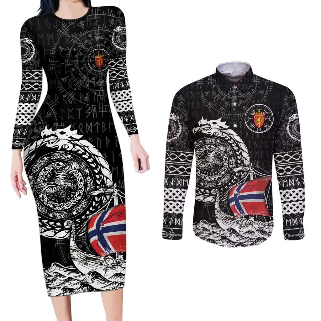Personalized Viking Norway Couples Matching Long Sleeve Bodycon Dress and Long Sleeve Button Shirt Norwegian Viking Ship