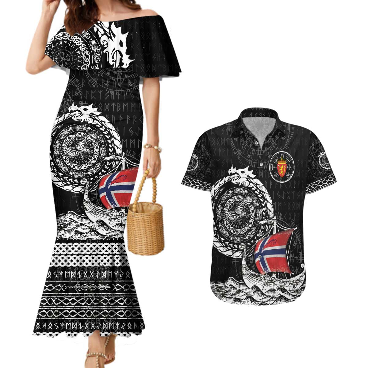 Personalized Viking Norway Couples Matching Mermaid Dress and Hawaiian Shirt Norwegian Viking Ship