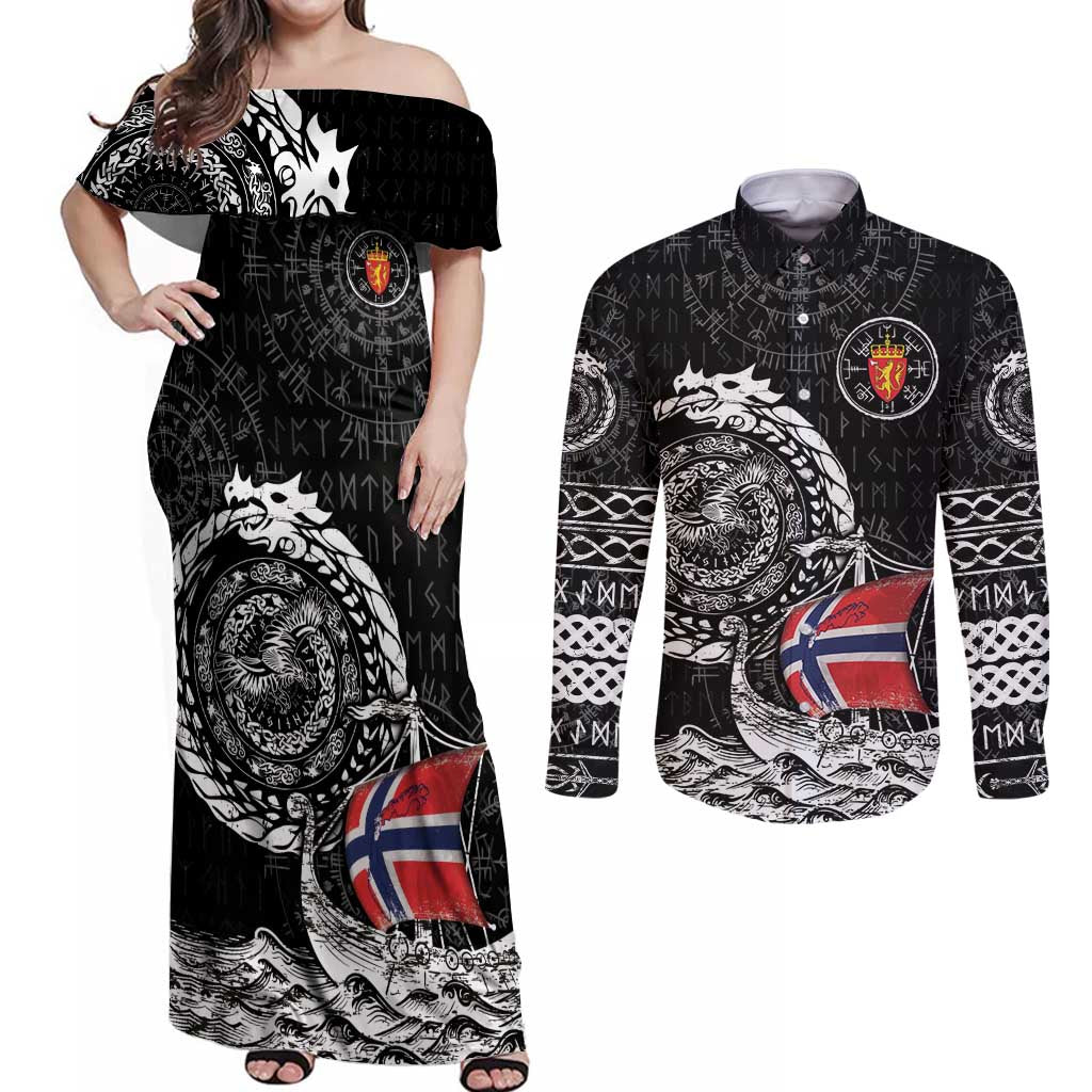 Personalized Viking Norway Couples Matching Off Shoulder Maxi Dress and Long Sleeve Button Shirt Norwegian Viking Ship