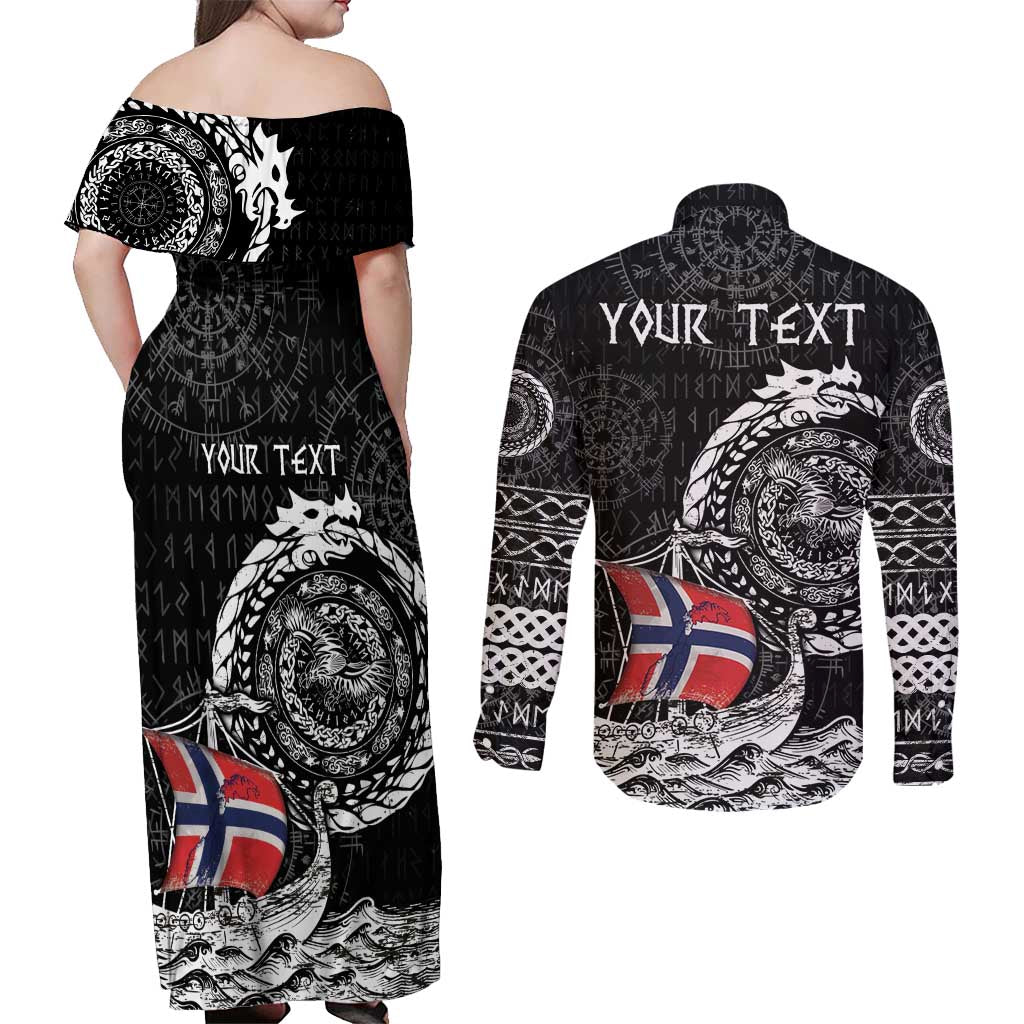 Personalized Viking Norway Couples Matching Off Shoulder Maxi Dress and Long Sleeve Button Shirt Norwegian Viking Ship