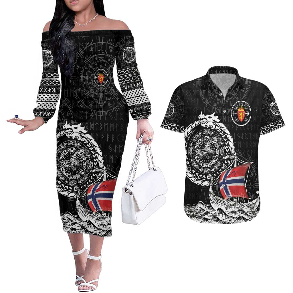 Personalized Viking Norway Couples Matching Off The Shoulder Long Sleeve Dress and Hawaiian Shirt Norwegian Viking Ship