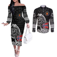 Personalized Viking Norway Couples Matching Off The Shoulder Long Sleeve Dress and Long Sleeve Button Shirt Norwegian Viking Ship