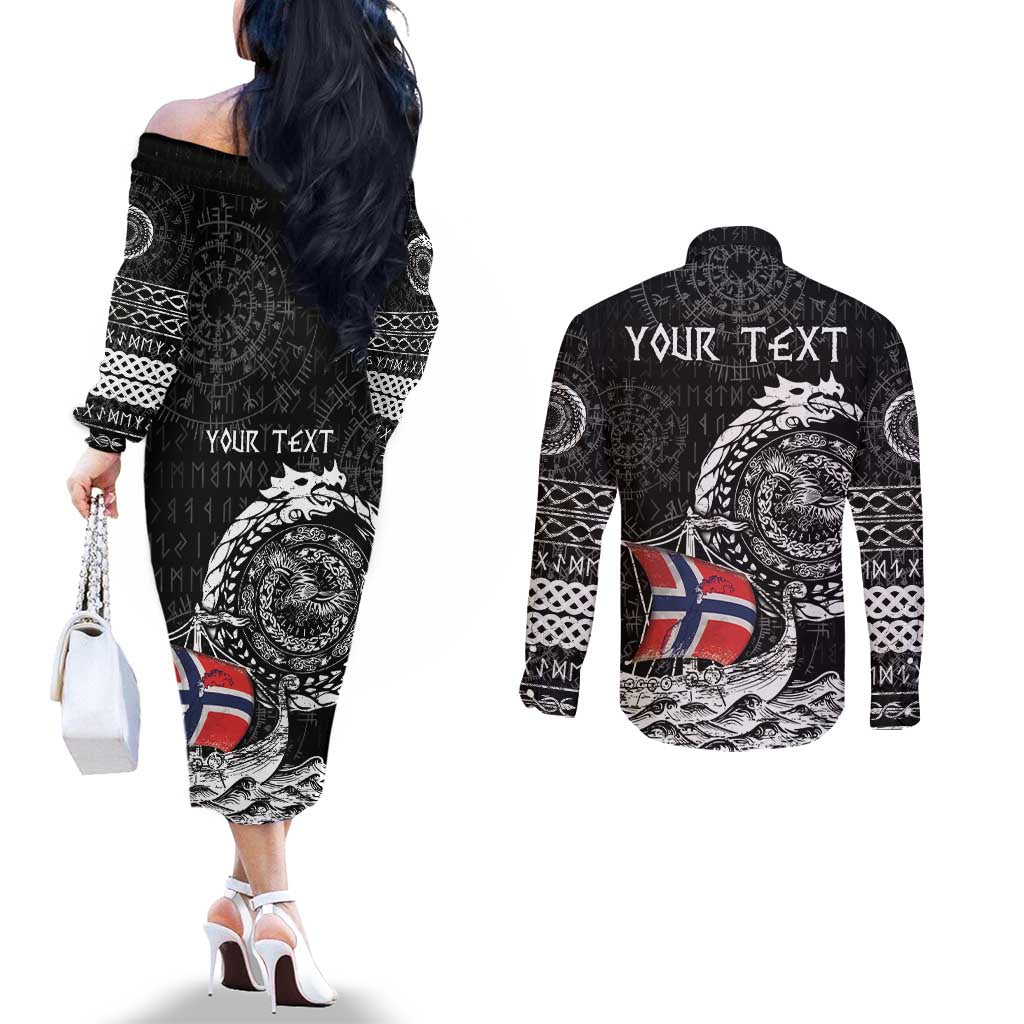 Personalized Viking Norway Couples Matching Off The Shoulder Long Sleeve Dress and Long Sleeve Button Shirt Norwegian Viking Ship