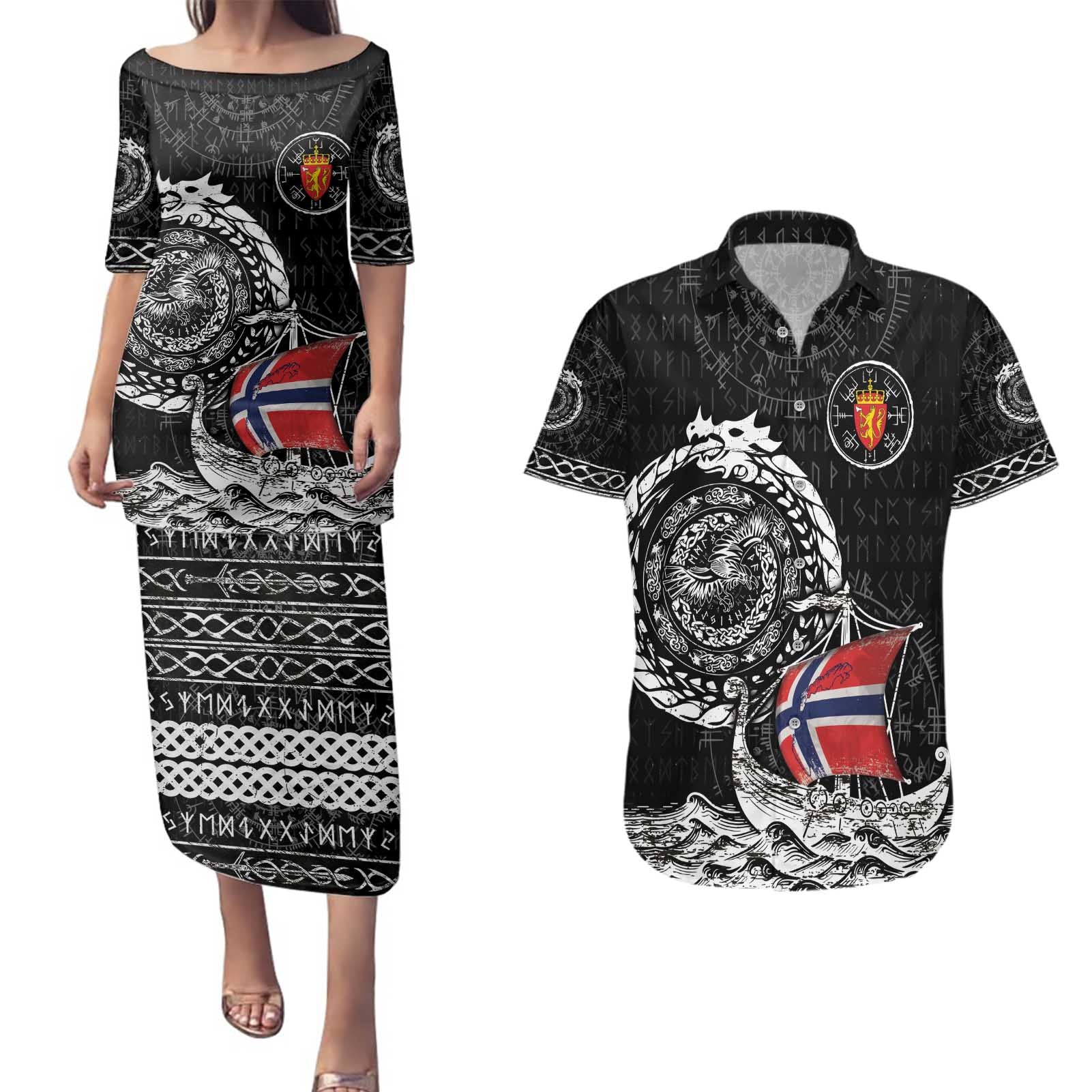 Personalized Viking Norway Couples Matching Puletasi and Hawaiian Shirt Norwegian Viking Ship