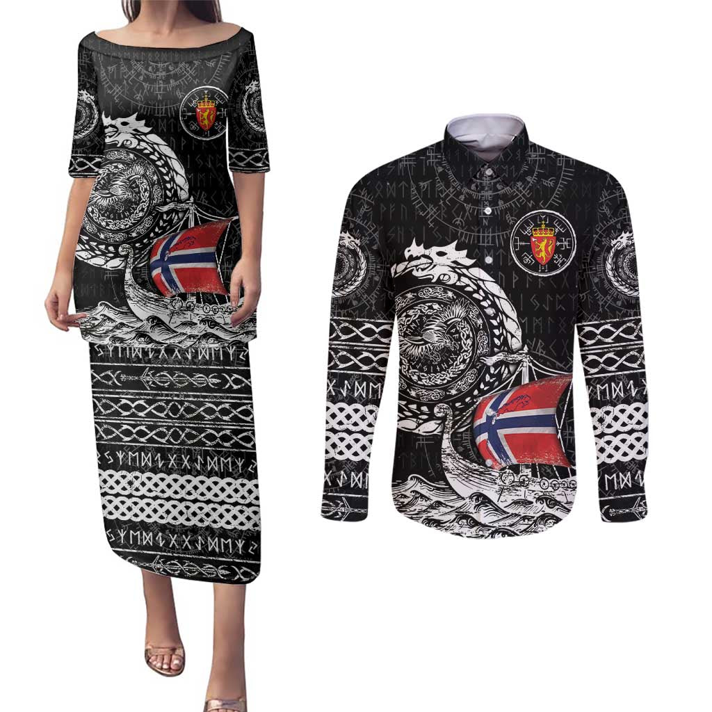 Personalized Viking Norway Couples Matching Puletasi and Long Sleeve Button Shirt Norwegian Viking Ship