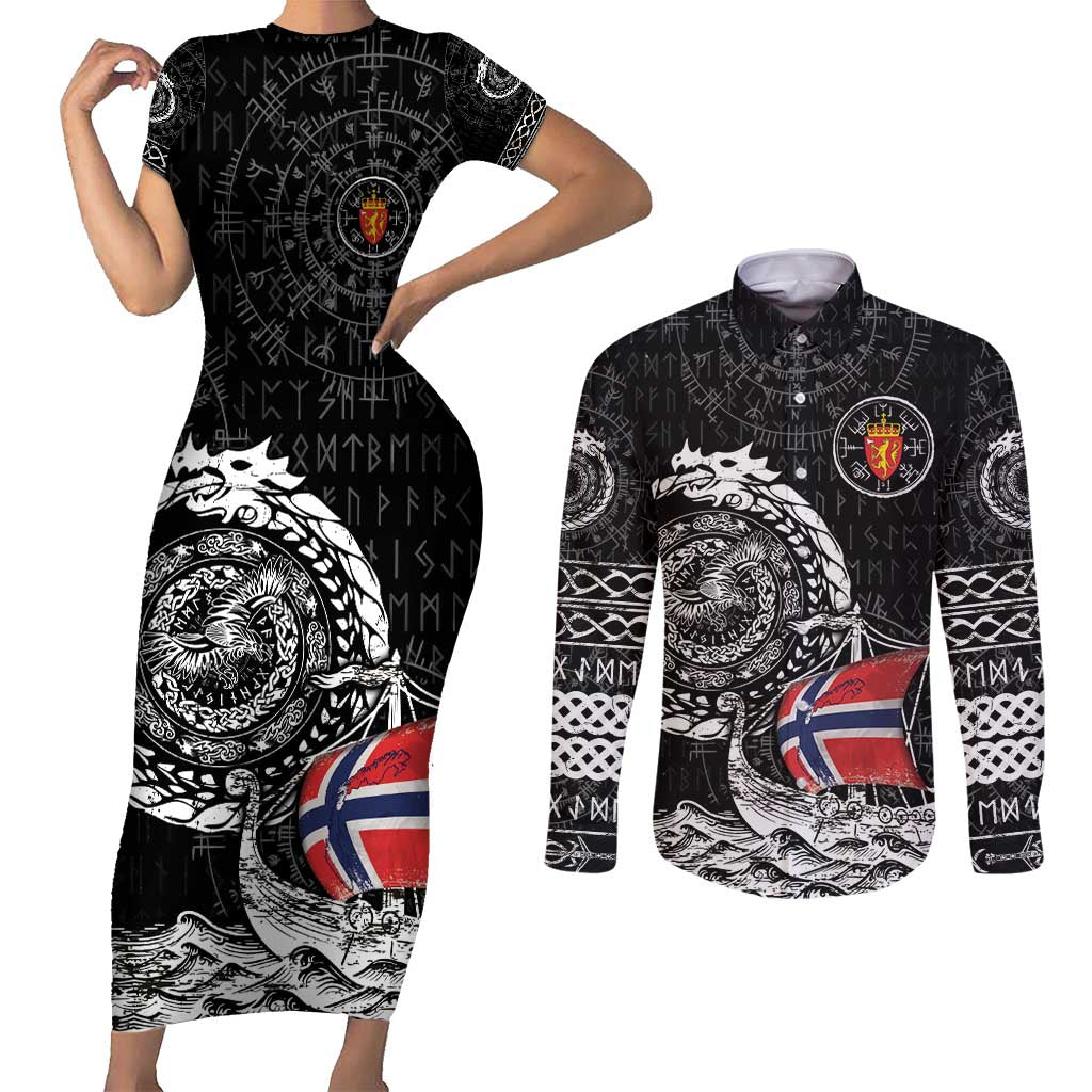 Personalized Viking Norway Couples Matching Short Sleeve Bodycon Dress and Long Sleeve Button Shirt Norwegian Viking Ship