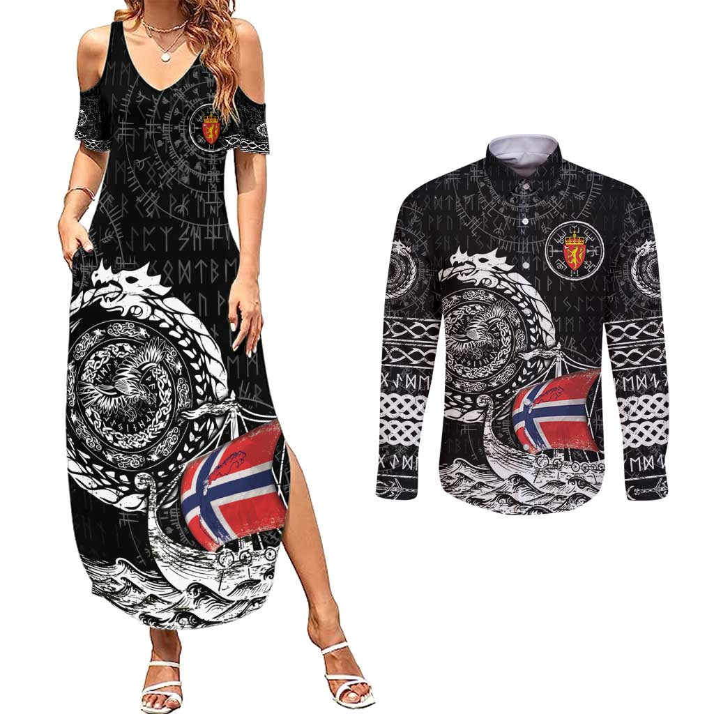 Personalized Viking Norway Couples Matching Summer Maxi Dress and Long Sleeve Button Shirt Norwegian Viking Ship