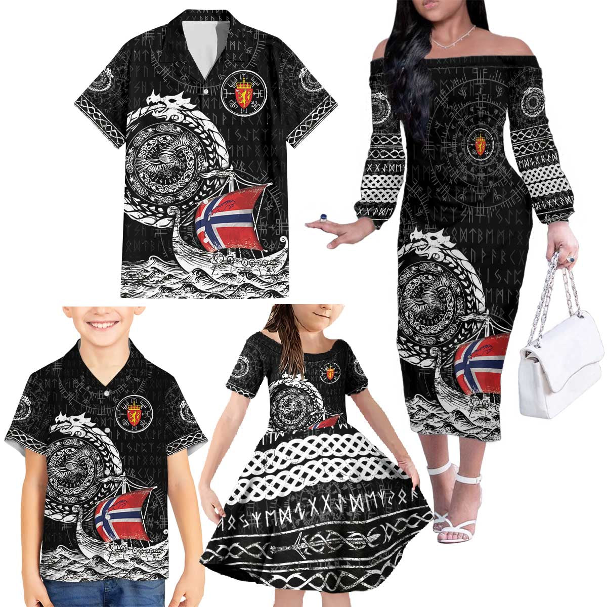 Personalized Viking Norway Family Matching Off The Shoulder Long Sleeve Dress and Hawaiian Shirt Norwegian Viking Ship