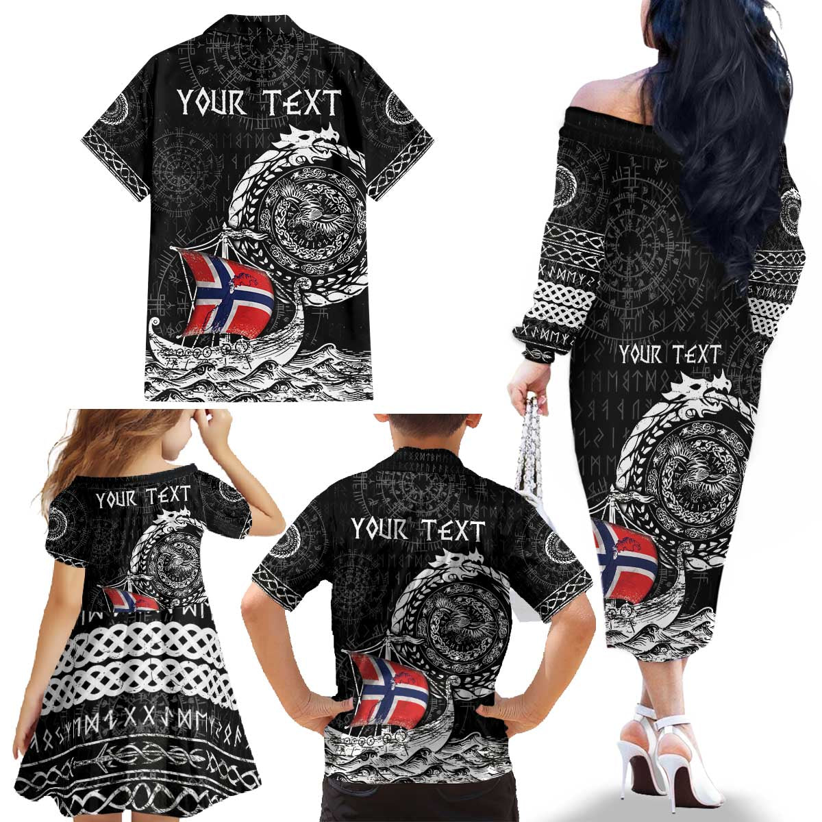 Personalized Viking Norway Family Matching Off The Shoulder Long Sleeve Dress and Hawaiian Shirt Norwegian Viking Ship