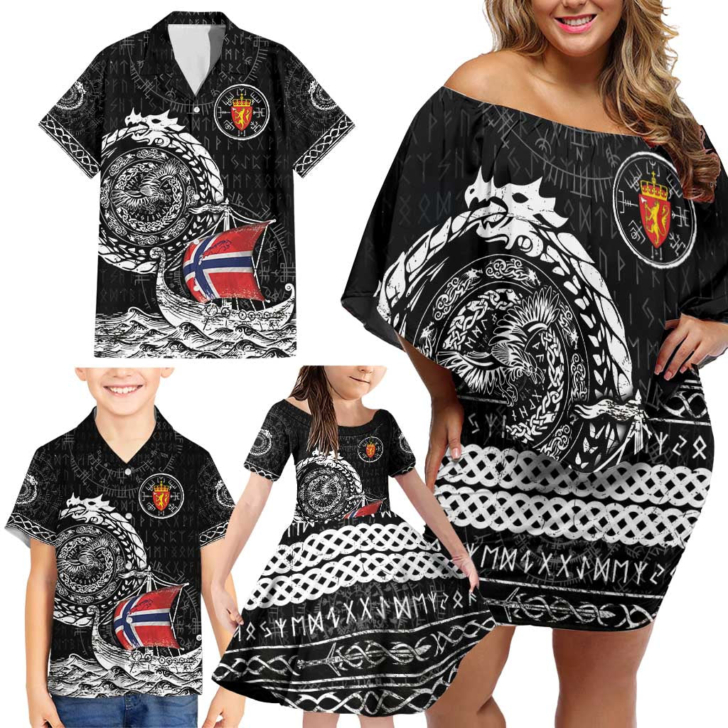 Personalized Viking Norway Family Matching Off Shoulder Short Dress and Hawaiian Shirt Norwegian Viking Ship