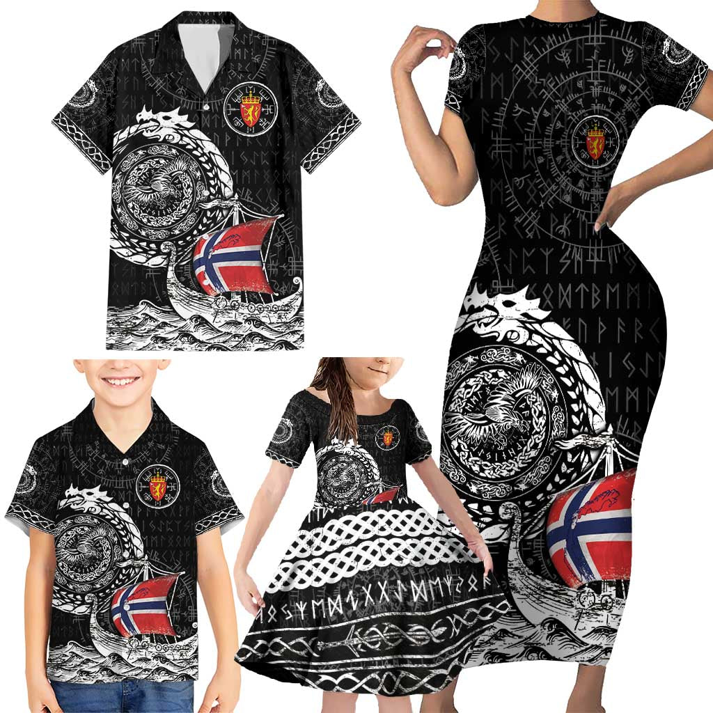 Personalized Viking Norway Family Matching Short Sleeve Bodycon Dress and Hawaiian Shirt Norwegian Viking Ship