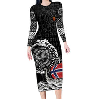 Personalized Viking Norway Long Sleeve Bodycon Dress Norwegian Viking Ship