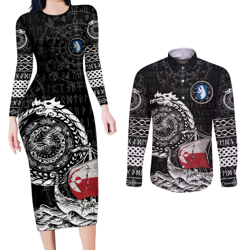 Personalized Viking Greenland Couples Matching Long Sleeve Bodycon Dress and Long Sleeve Button Shirt Greenlander Viking Ship