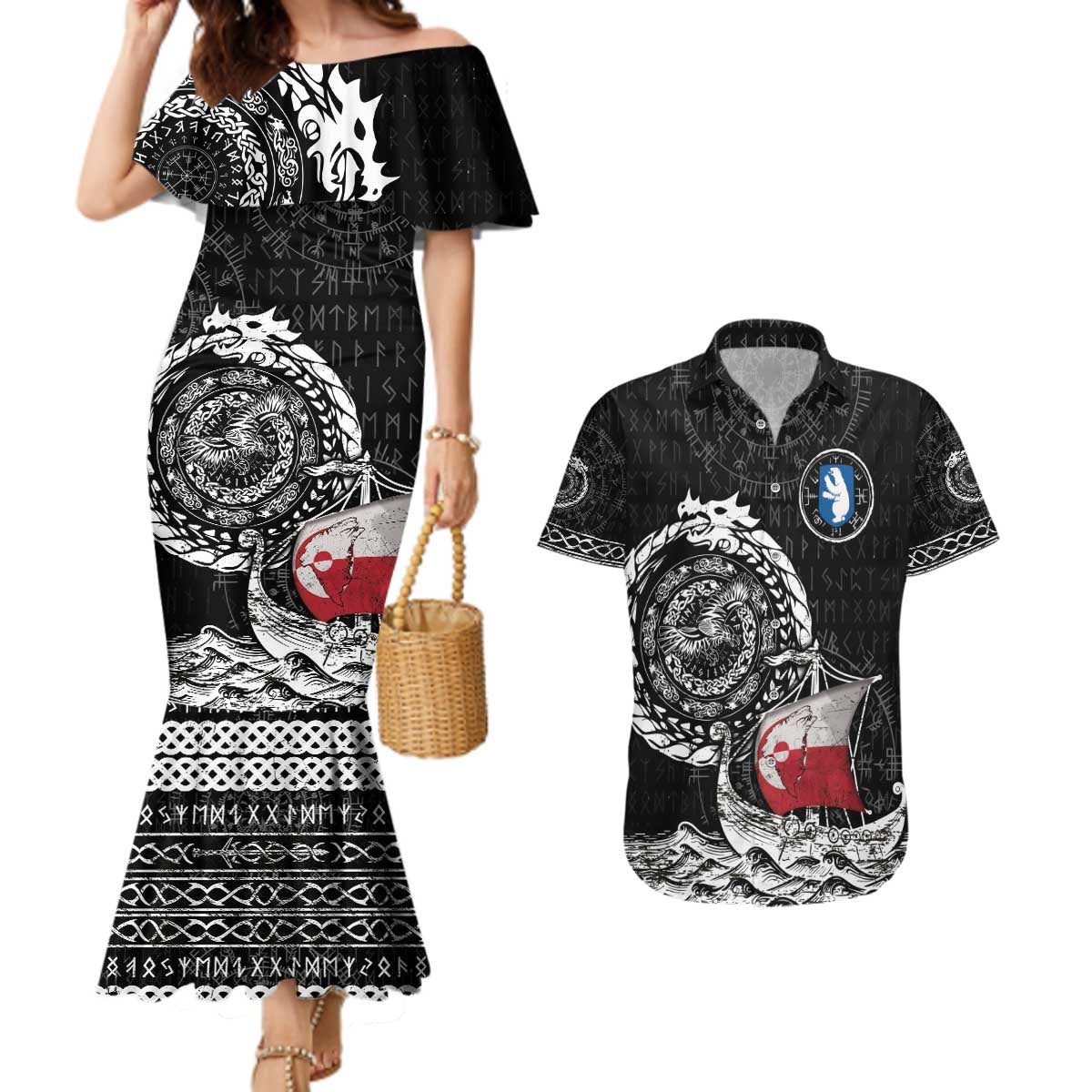 Personalized Viking Greenland Couples Matching Mermaid Dress and Hawaiian Shirt Greenlander Viking Ship