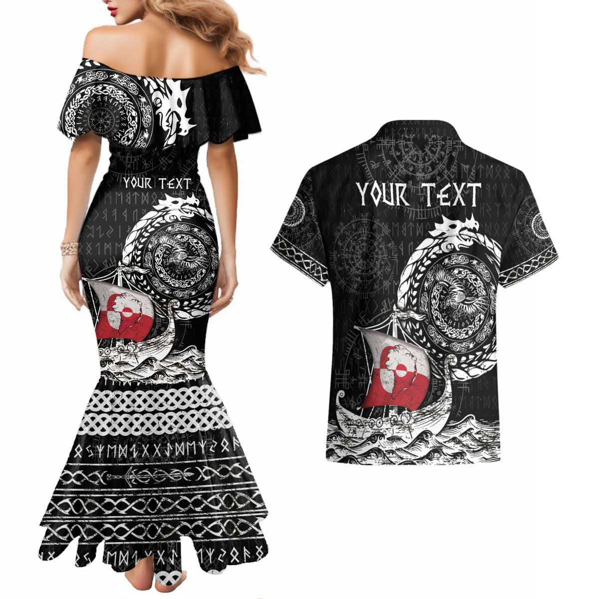Personalized Viking Greenland Couples Matching Mermaid Dress and Hawaiian Shirt Greenlander Viking Ship