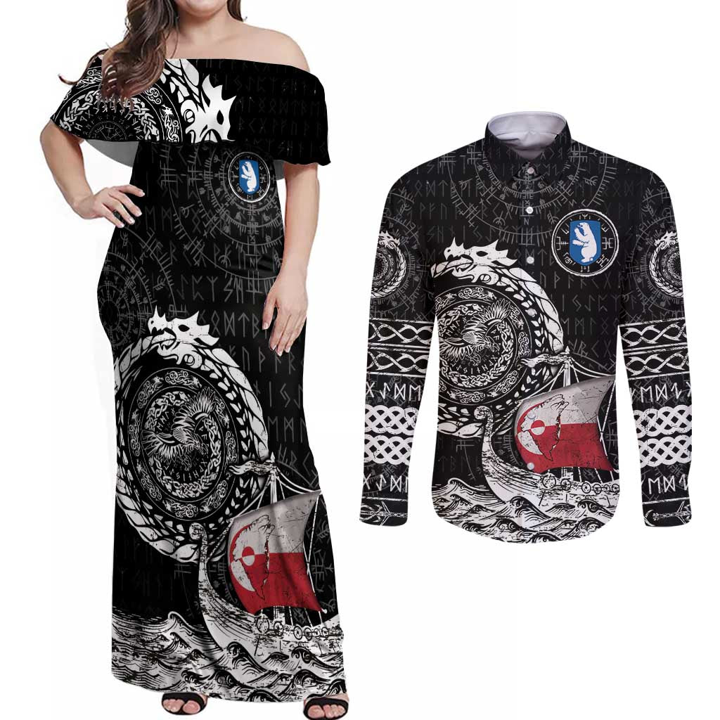Personalized Viking Greenland Couples Matching Off Shoulder Maxi Dress and Long Sleeve Button Shirt Greenlander Viking Ship