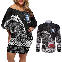 Personalized Viking Greenland Couples Matching Off Shoulder Short Dress and Long Sleeve Button Shirt Greenlander Viking Ship