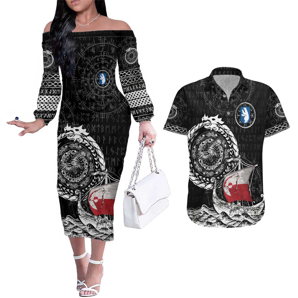 Personalized Viking Greenland Couples Matching Off The Shoulder Long Sleeve Dress and Hawaiian Shirt Greenlander Viking Ship