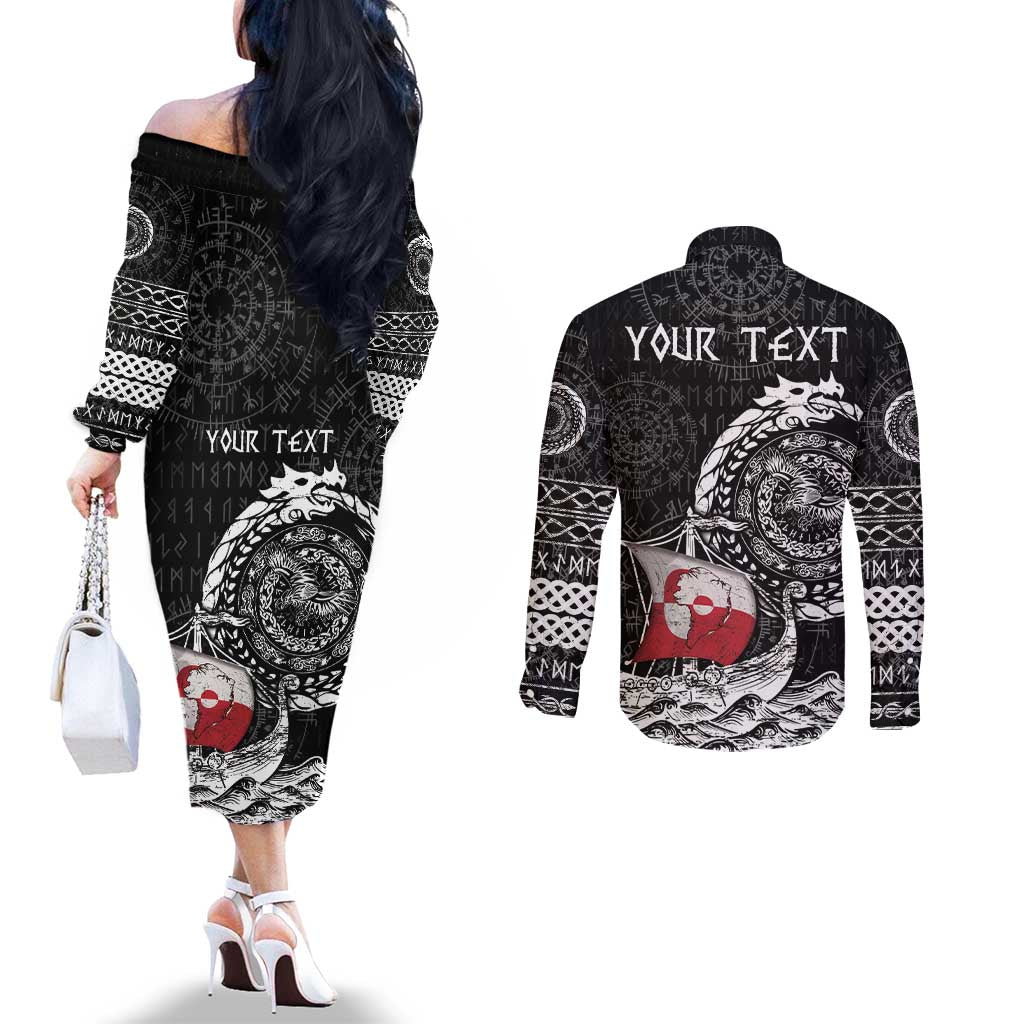 Personalized Viking Greenland Couples Matching Off The Shoulder Long Sleeve Dress and Long Sleeve Button Shirt Greenlander Viking Ship