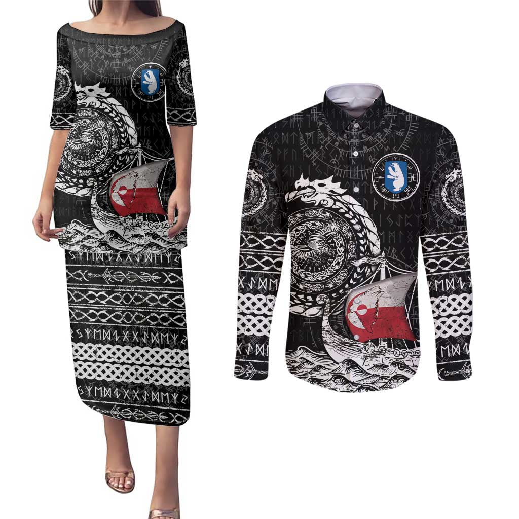 Personalized Viking Greenland Couples Matching Puletasi and Long Sleeve Button Shirt Greenlander Viking Ship