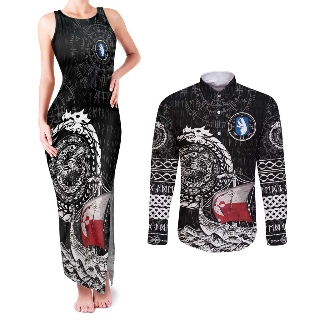 Personalized Viking Greenland Couples Matching Tank Maxi Dress and Long Sleeve Button Shirt Greenlander Viking Ship