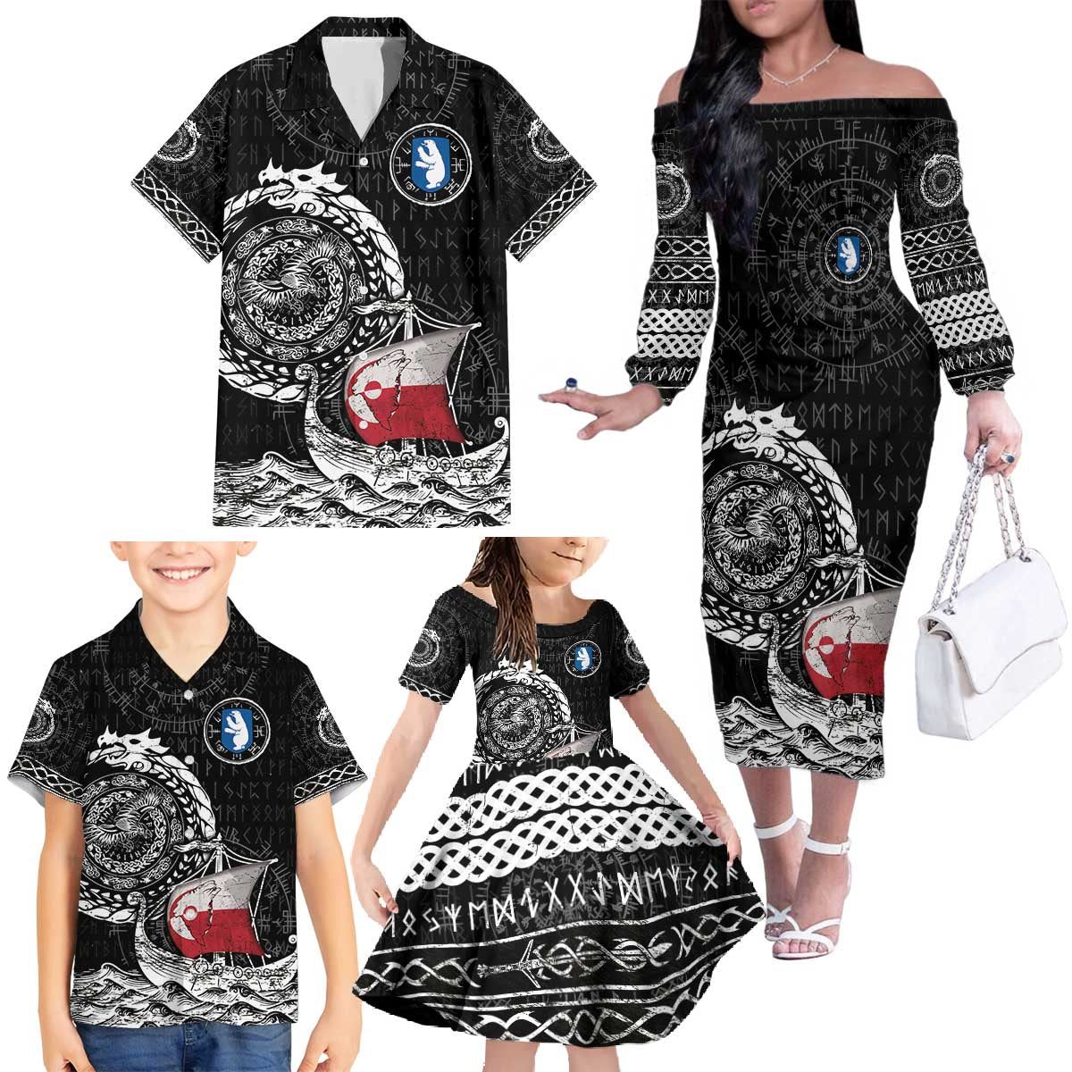 Personalized Viking Greenland Family Matching Off The Shoulder Long Sleeve Dress and Hawaiian Shirt Greenlander Viking Ship