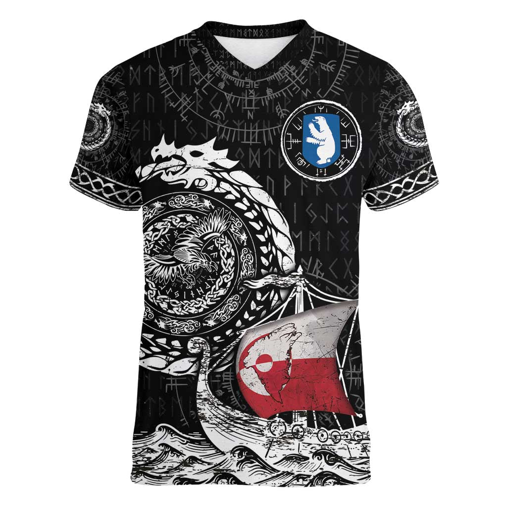 Personalized Viking Greenland Women V-Neck T-Shirt Greenlander Viking Ship