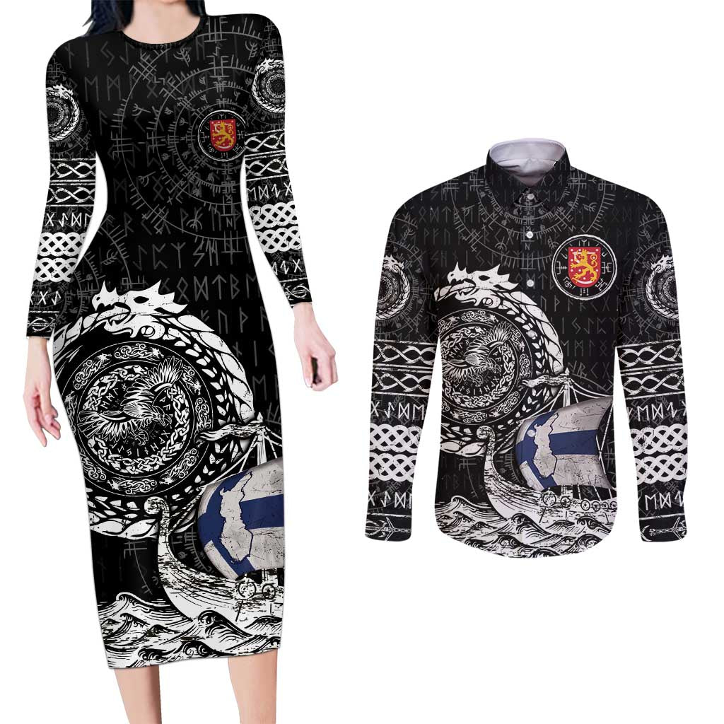 Personalized Viking Finland Couples Matching Long Sleeve Bodycon Dress and Long Sleeve Button Shirt Finnish Viking Ship