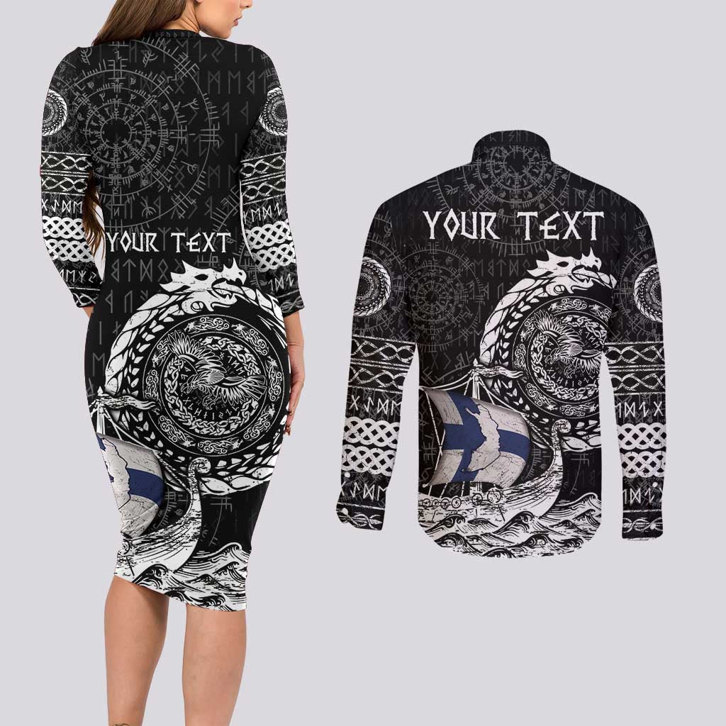 Personalized Viking Finland Couples Matching Long Sleeve Bodycon Dress and Long Sleeve Button Shirt Finnish Viking Ship