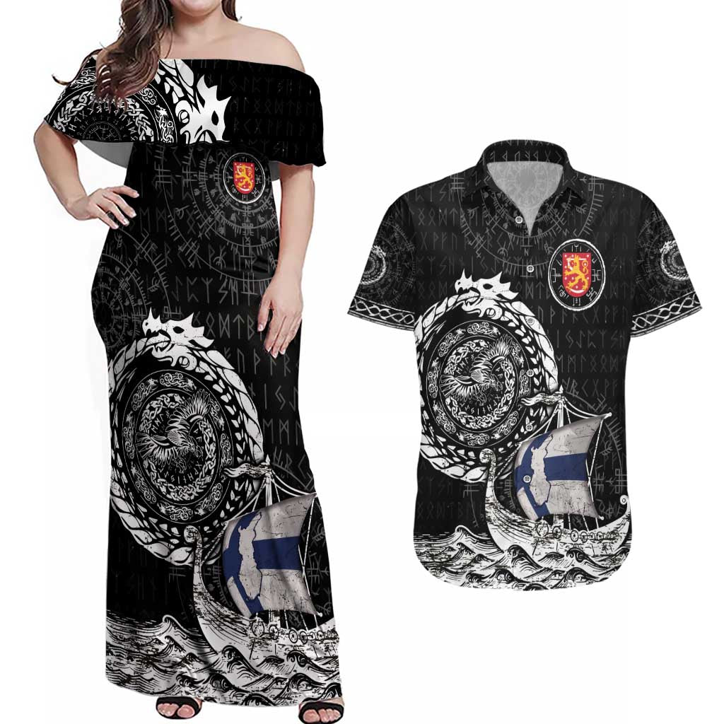 Personalized Viking Finland Couples Matching Off Shoulder Maxi Dress and Hawaiian Shirt Finnish Viking Ship