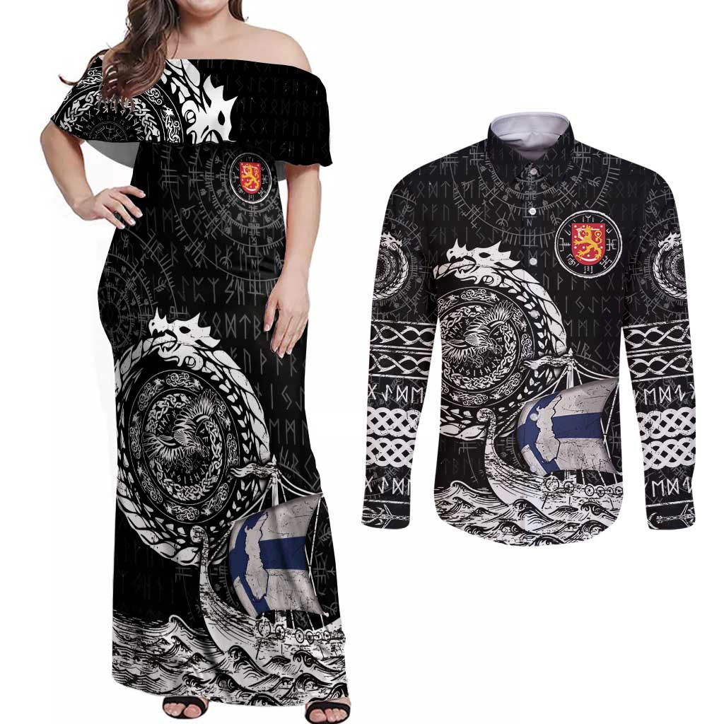 Personalized Viking Finland Couples Matching Off Shoulder Maxi Dress and Long Sleeve Button Shirt Finnish Viking Ship