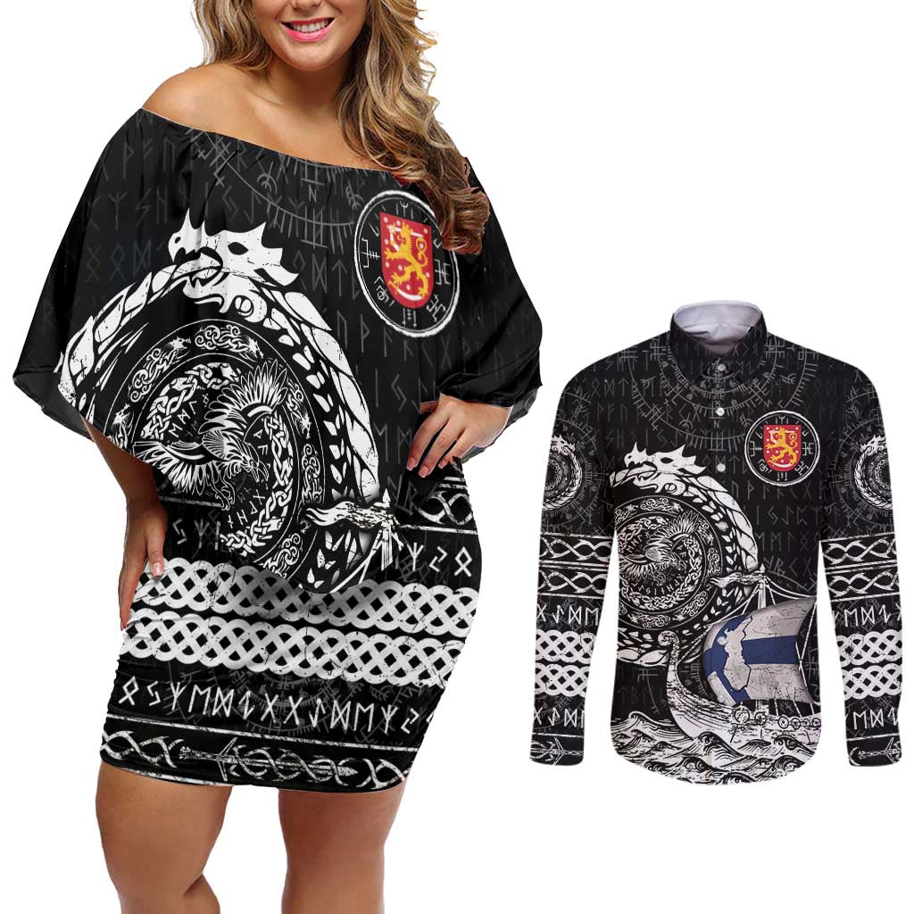 Personalized Viking Finland Couples Matching Off Shoulder Short Dress and Long Sleeve Button Shirt Finnish Viking Ship
