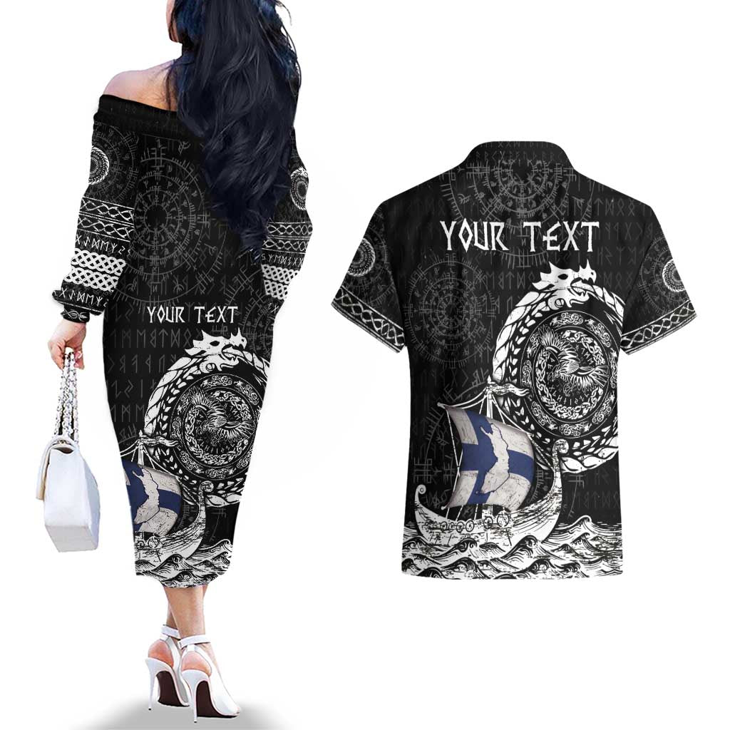 Personalized Viking Finland Couples Matching Off The Shoulder Long Sleeve Dress and Hawaiian Shirt Finnish Viking Ship
