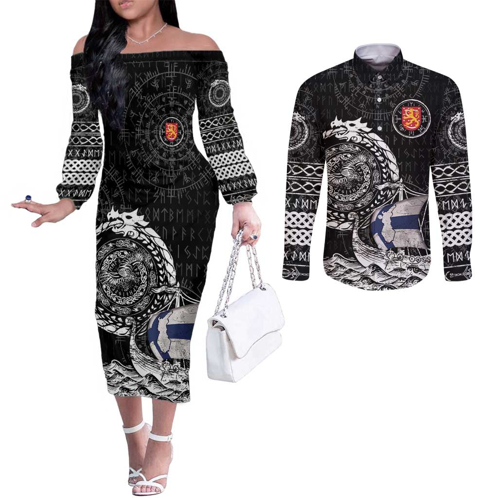 Personalized Viking Finland Couples Matching Off The Shoulder Long Sleeve Dress and Long Sleeve Button Shirt Finnish Viking Ship