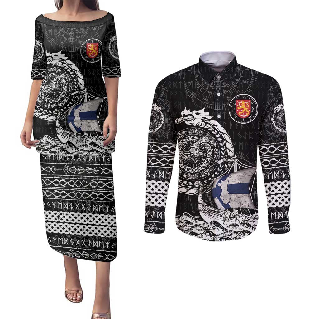 Personalized Viking Finland Couples Matching Puletasi and Long Sleeve Button Shirt Finnish Viking Ship